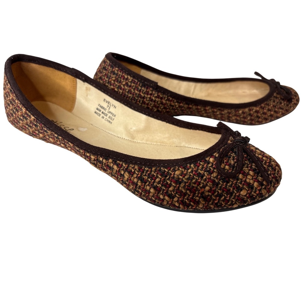 Matisse Brown Tweed Evelyn Ballet Flats 7.5 Bow Round Toe Preppy Dark Academia